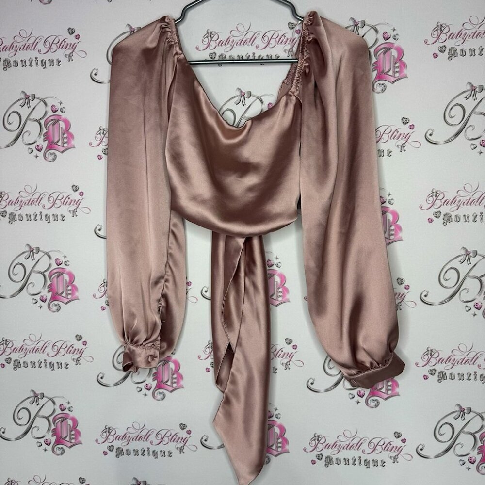 Dynamite crop top tie up ribbon 🎀 bow back shiny luxe silky rose gold puff cuff